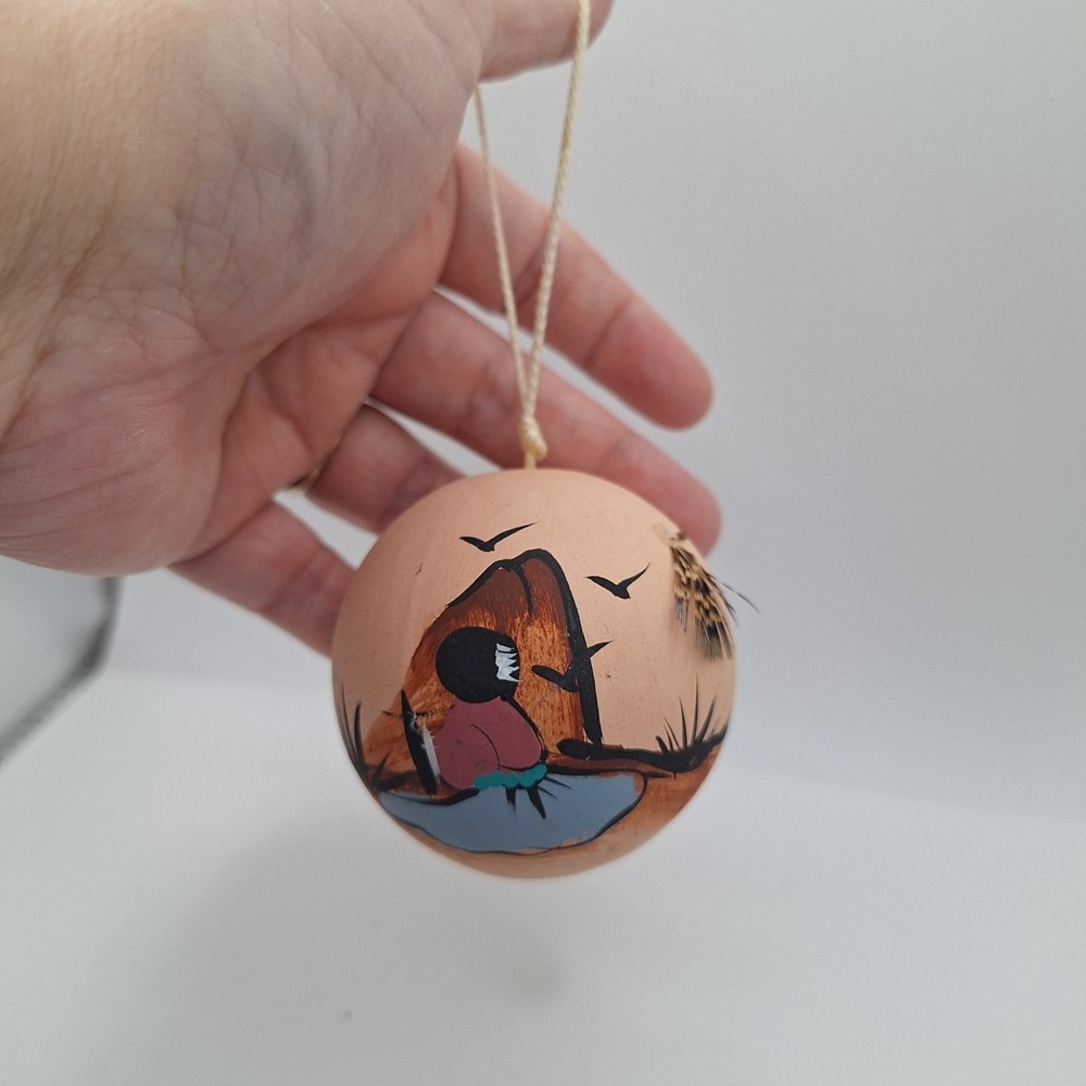 Hand Painted Native American Pueblo Pottery Christmas Ornament Feather